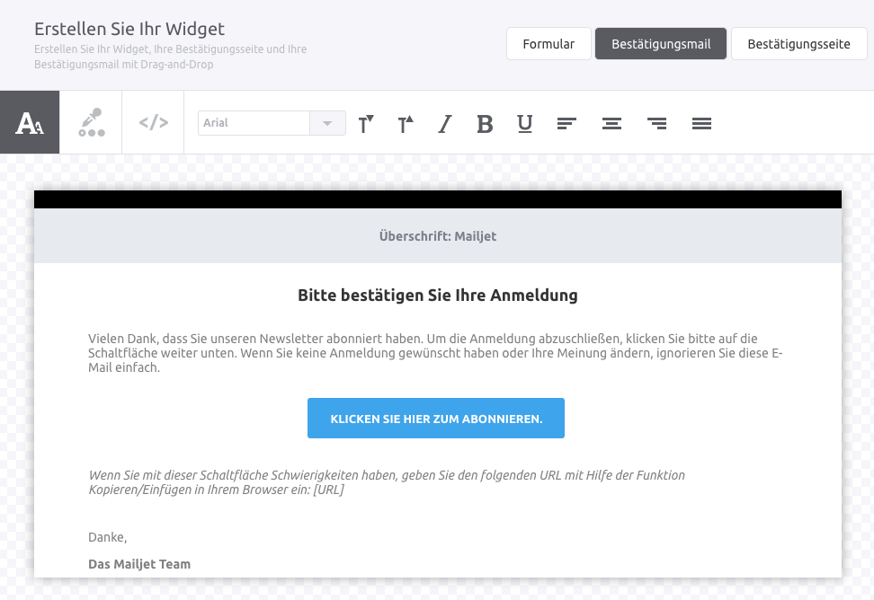 Widget Bestätigungsmail Mailjet